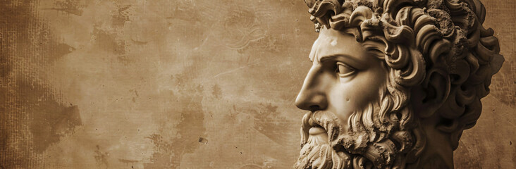 A sepia photo of an ancient Greek statue with copy space on the right side, isolated against a black background. The figure is made from white marble and has curly hair and a beard