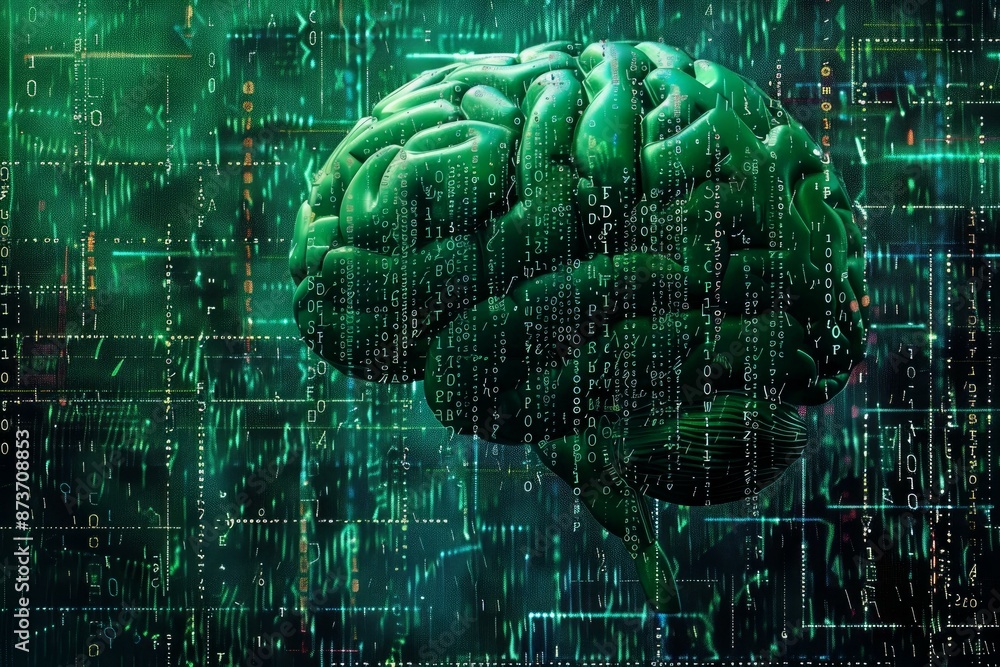 Poster illustrated human brain with digital binary code overlay, symbolizing ai and machine learning