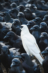 Fototapeta premium White crow standing out from a group of black crows