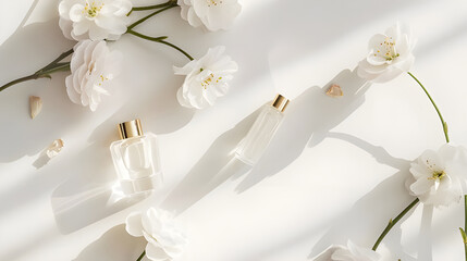Elegant Perfume Display with White Flowers and Gold Accents