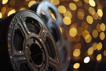Obraz premium Old cinema film reels with bokeh background