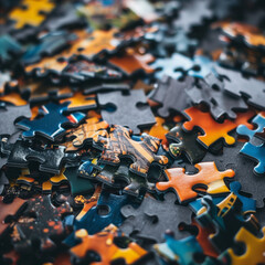 Variety of Puzzle Pieces Spread on a Table, Featuring Diverse Shapes and Colors, Marking the Onset of a Creative Problem-Solving Activity
