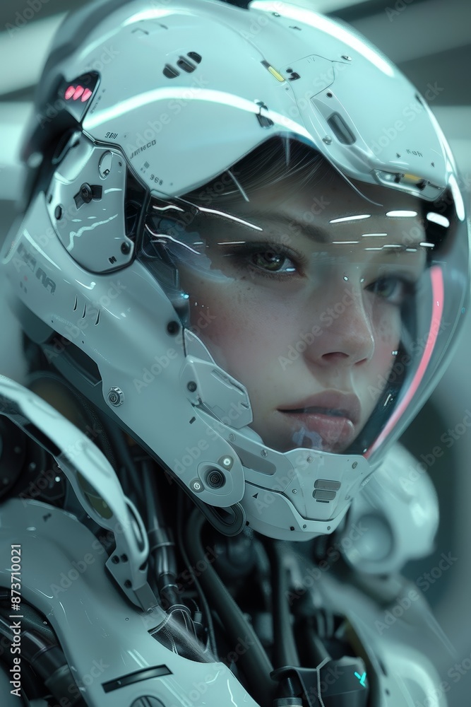 Poster hyper-realism captures the android hacker's expression, a mix of focus and determination visible ben