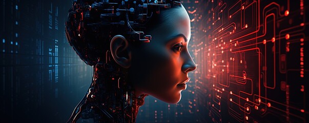 A girl personifying a supercomputer chat bot neural network brainstorming cloud storage.