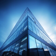 Obraz premium Modern glass skyscraper facade reflecting blue sky and clouds. Concept of architecture, business, finance, success, and corporate buildings.