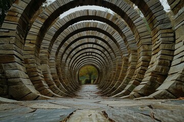 Low angle view of a spiralshaped stone tunnel leading to a lush green exit