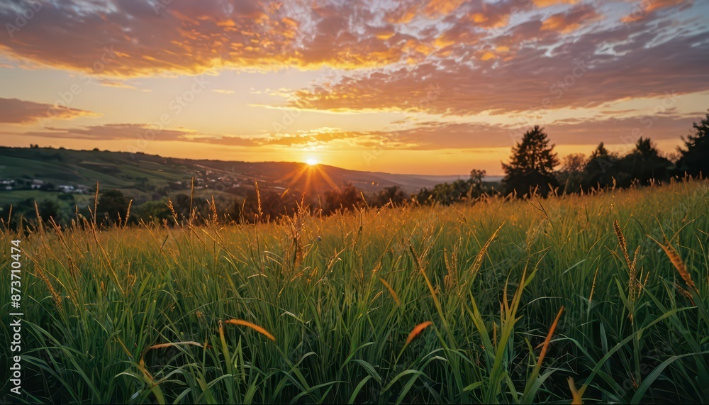 Wall mural Sunset over Grassy Hills.