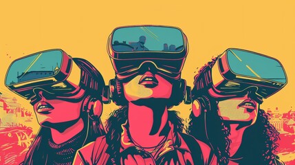 Students in a virtual reality setup, exploring historical events through immersive simulations, VR headsets, detailed illustrations, bright and engaging, educational technology