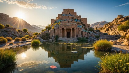 Ancient Temple Reflecting in a Calm Lake at Sunrise.