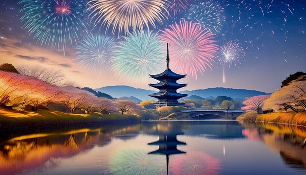 三重塔と花火の風景