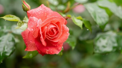 A closeup shot of a dewkissed red rose in full bloom its velvety petals unfurling against a background of lush green leaves and budding flowers