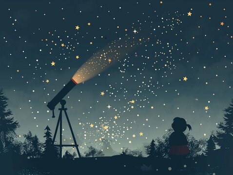 Child watching stars with a telescope, clear design, ground level, stargazing wonder