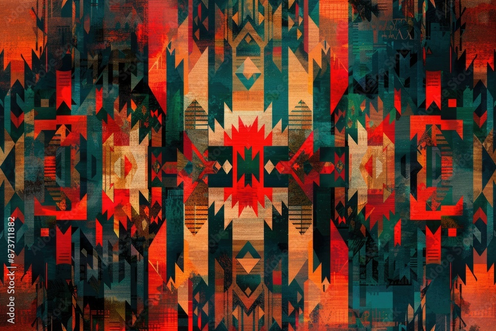 Aufkleber dynamic abstract geometric digital art featuring bold red and blue tones with sharp angles and light