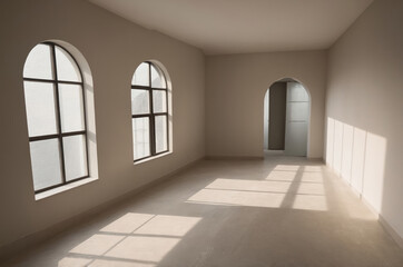 Sunlight streaming through arched windows in empty room creating long shadows on floor
