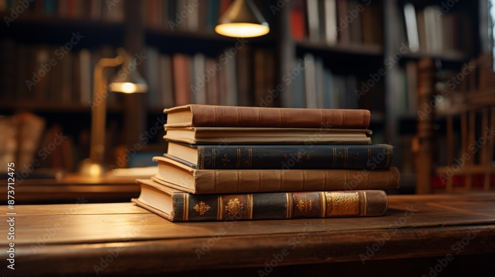 Poster stack of antique books on a wooden table in a library setting with warm lighting. concept of knowled