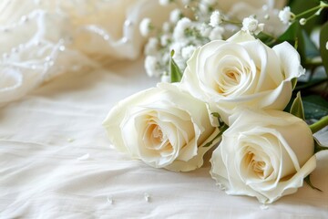 Obraz premium Elegant Bouquet of White Roses on a Fabric Background