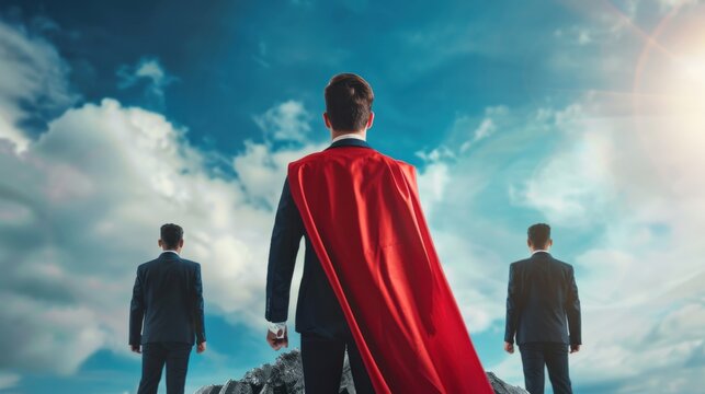 Three men in suits stand on a mountain, one of them wearing a red cape. Concept of power and confidence, as the man in the red cape stands tall and looks out over the landscape