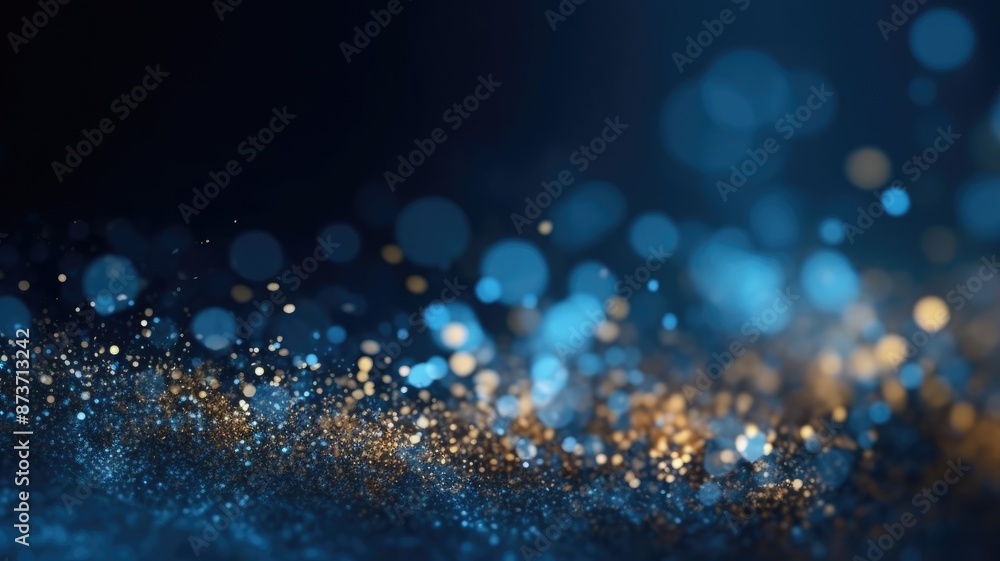 Poster the picture of vague visual of sparkling particles scattered across a deep blue and gold background,