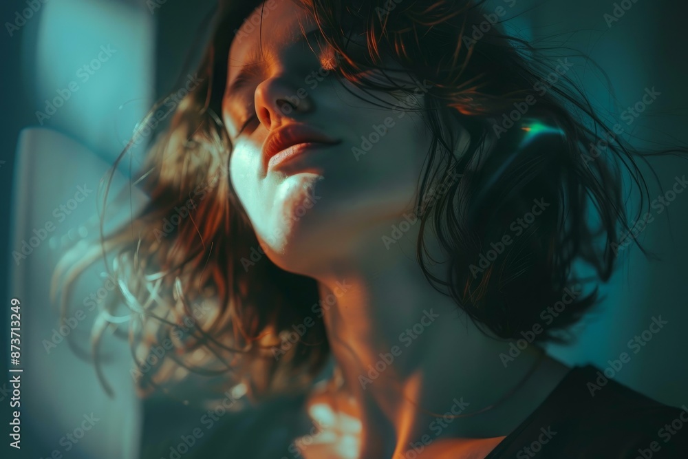 Poster artistic portrait of a woman basking in serene blue lighting