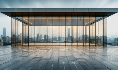 Fototapeta premium Modern office building, glass windows, evening ambiance, empty urban plaza