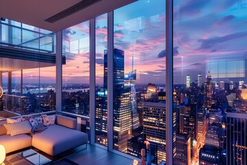 A bright and spacious penthouse with panoramic windows overlooking a bustling cityscape at dusk
