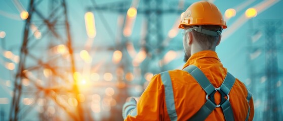 Engineer in orange safety gear inspecting electrical grid infrastructure at sunset, ensuring safe and efficient power transmission.