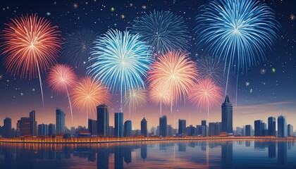 Fototapeta premium 花火と都会の風景