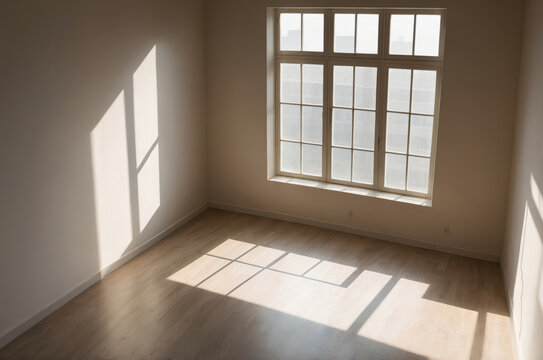 Sunlight streams through large window in empty room casting long shadows on wooden floor