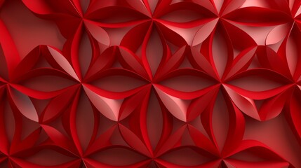 A close-up shot of a  pattern of red paper flowers, with a light red background