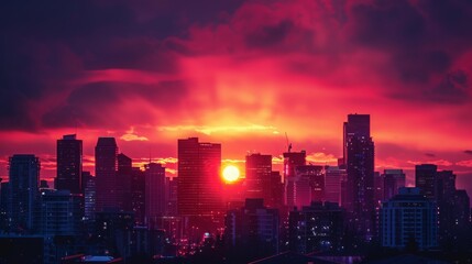 Fototapeta premium Fiery Sunset over Dramatic City Skyline. Urban Landscape at Dusk