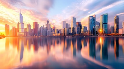 Stunning sunset cityscape with modern skyscrapers reflected in calm water. Urban landscape, modern architecture, city skyline.