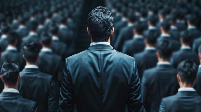 A man stands in front of a crowd of people wearing a suit. Concept of authority and importance, as the man is the center of attention in the scene. The crowd of people behind him are dressed in suits