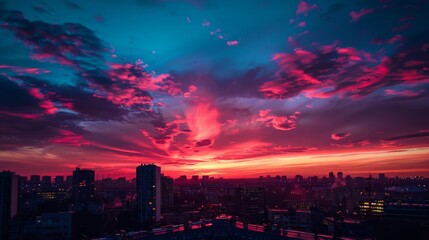 Obraz premium Vibrant Sunset over City Skyline. Colorful Urban Twilight
