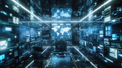 Futuristic Control Room with Global Monitoring System