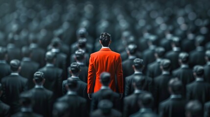 Fototapeta premium A man stands out in a crowd of people wearing an orange suit. Concept of individuality and importance, as the man stands out from the crowd