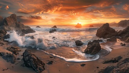 Obraz premium Stunning High-Resolution View of Cabo da Roca's Rugged Coastline with Towering Cliffs and Crashing Waves Against Golden Sand Beach at Sunset, Captured with Wide Angle Lens and Cinematic Light, Showcas