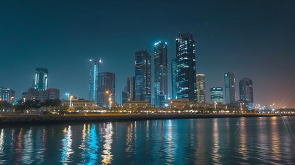 Obraz premium Timelapse of Abu Dhabi skyline at night, showcasing illuminated modern skyscrapers viewed from Corniche, United Arab Emirates, circa March 2018.