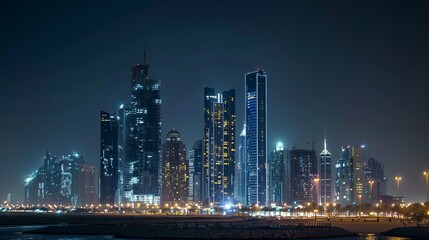 Obraz premium Timelapse of Abu Dhabi skyline at night, showcasing illuminated modern skyscrapers viewed from Corniche, United Arab Emirates, circa March 2018.