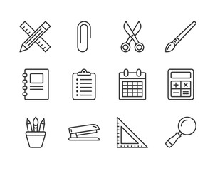 Stationery flat line icons set, based on 64px grid, editable stroke, vector eps10 illustration