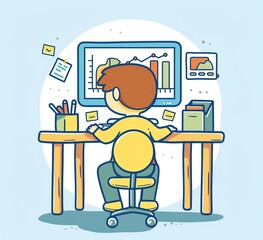 Office Worker Analyzing Financial Data on Computer Multiple Screens - Vector Illustration