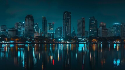 Naklejka premium Cityscape of downtown Bangkok, Thailand, at night with reflections