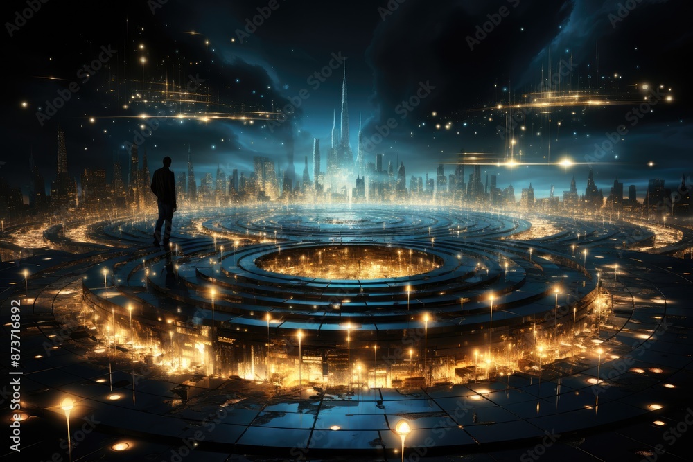 Fototapete a computer screen with a spiral, digital vortex or portal, swirling with data and energy, representing the gateways and transitions within the digital world