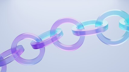 Glass chain 3d background rainbow crystal rings 3d render illustration. Transparent glossy...
