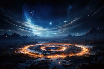 a computer screen with a spiral, digital vortex or portal, swirling with data and energy, representing the gateways and transitions within the digital world