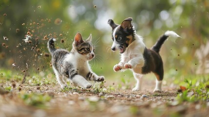 Obraz premium A cat and dog frolicking together outdoors