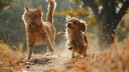 A cat and dog frolicking together outdoors