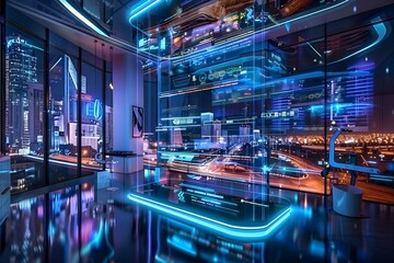 Futuristic Real Estate Sales Office with Hologram Display, Night View