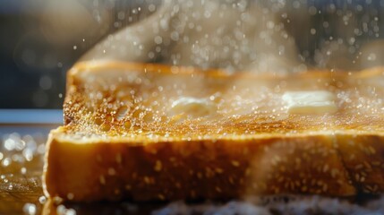 A closeup of a slice of toast in the toaster oven captures the texture of the crispy buttered surface. A slight fog of natural steam hovers above the slice indicating that it is fresh