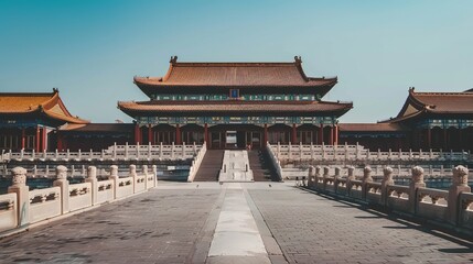 Fototapeta premium The exterior of the Forbidden City in Beijing showcases majestic ancient Chinese architecture, characterized by its intricate roofs, red walls, and sprawling layout. 