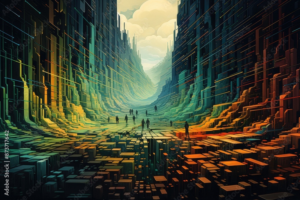 Poster a city with a lot of buildings, glitchy digital landscape filled with distorted images and code